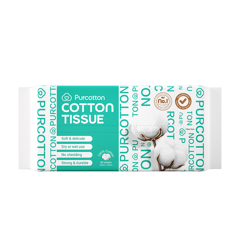 Purcotton 100% Cotton Facial Tissue 60 sheets Soft and skin-friendly Wet compress and facial cleansing