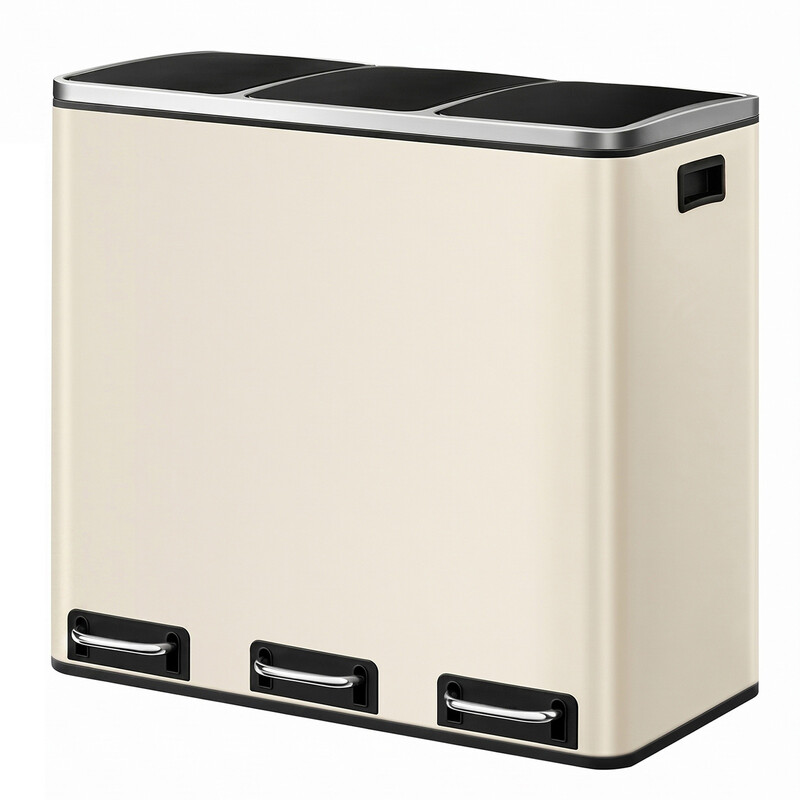 Ochama Sand Beige Triple Recycling Bin – 3 X 18 L (4.8 Gal Each), Steel, Soft-Close Lids, Pedals, Inner Buckets, Includes 15 Liners – Perfect For Kitchen Waste Separation, 61.7X35.2x56.4cm