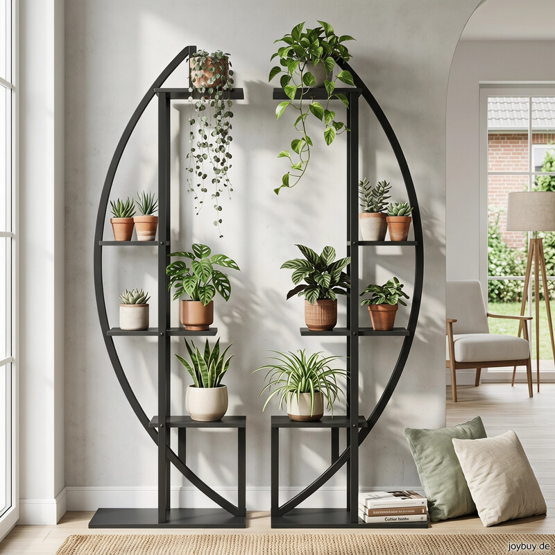 Blumenständer, 2 pflanzliche Regalböden mit 5 Ebenen und 2 Haken, 160 cm hoher Pflanzenständer aus Metall, Blumenregal für den Innenbereich, Balkon, Eingangsbereich und Wohnzimmer (Mattschwarz)