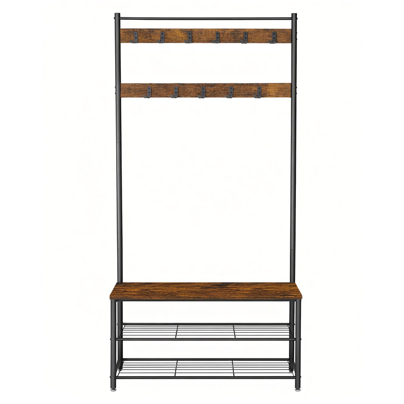 JOYFURNOS Garderobenst?nder, Garderobe, Kleiderst?nder, mit Schuhbank, 3-in-1 Design, Stahl, braun-schwarz