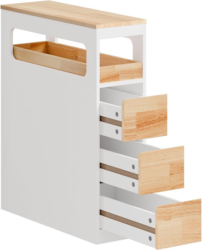 SoBuy schmaler Badezimmerschrank mit Rollen, 3 Schubladen – schmale, freistehende Badezimmeraufbewahrungseinheit aus Holz, Weiß, 65 x 23 x 82 cm