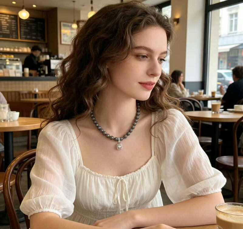 VoxoRai XL25 Grey Bubble Sugar Cube Necklace with Pearl Necklace, Sweater Necklace Pendant, Detachable, Suitable for All Seasons