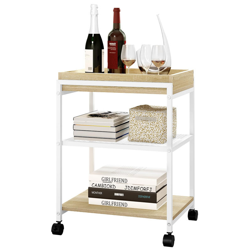 WOLTU Beistelltisch Couchtisch Sofatisch Nachttisch, mit Rollen, feststellbar, 3 Ablagen 1 abnehmbares Tablett, aus Metall und Holzwerkstoff, helle Eiche + Weiß, BTS09hei