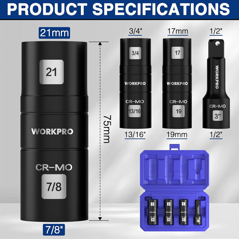 WORKPRO 1/2" DR. impact-socketset, Cr-Mo-staal, zwaar ontwerp, flip-sockets met verlengbuis, 17 mm, 19 mm, 21 mm metrisch en 3/4-inch, 13/16-inch, 7/8-inch SAE-maten, moerenset met opbergdoos