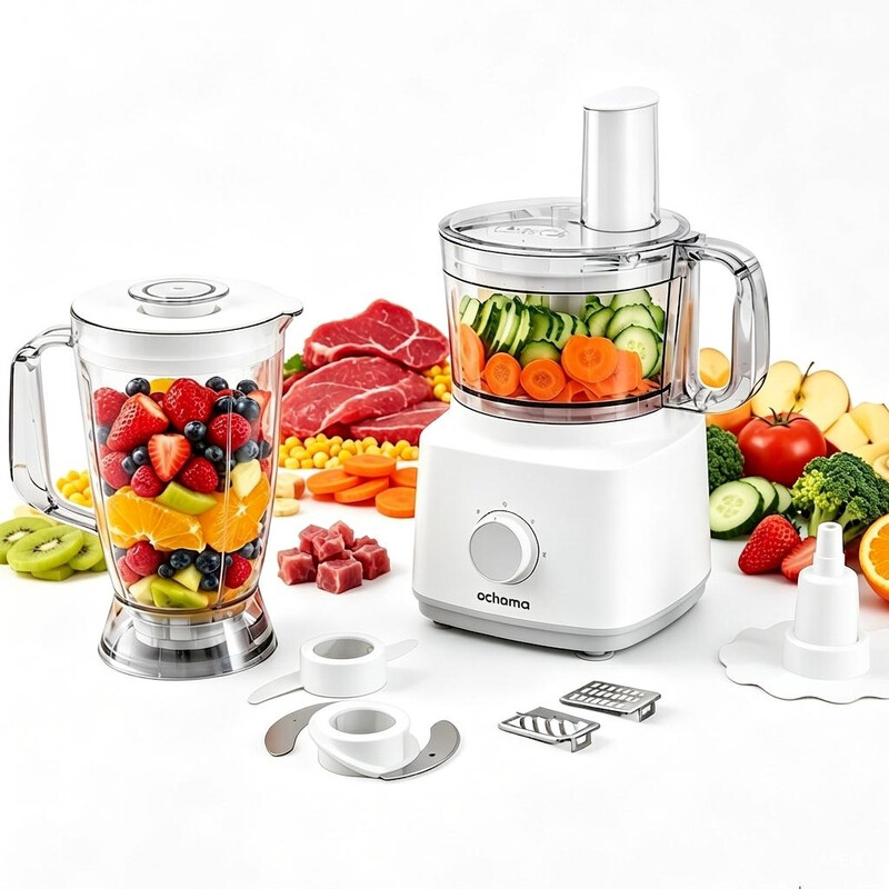 Ochama Küchenmaschine 750 W, 1,8 L Großes Fassungsvermögen, Standmixer, Fleischwolf, Gemüseschneider, Raspel- und Schneidscheiben, Abnehmbare Teile, Leicht zu Reinigen