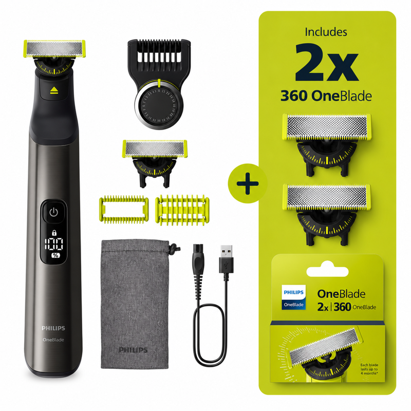 Philips OneBlade Pro 360 Trimmer Bundle for Face & Body with Extra Replacement Blade 2x Pack Included, QP6552/30 + QP420/50