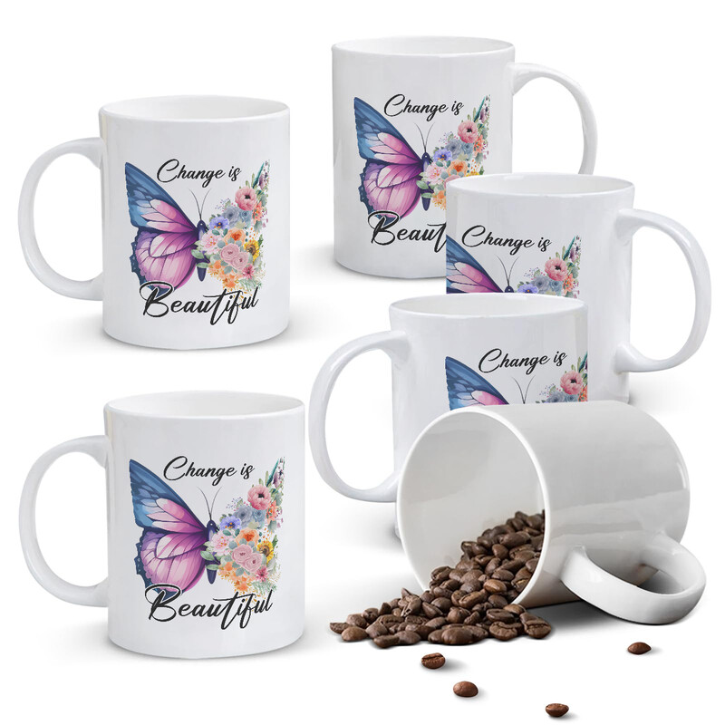 1pc 11oz White Mug with "Change is Beautiful" Quote & Butterfly-to-Flowers Transforma
