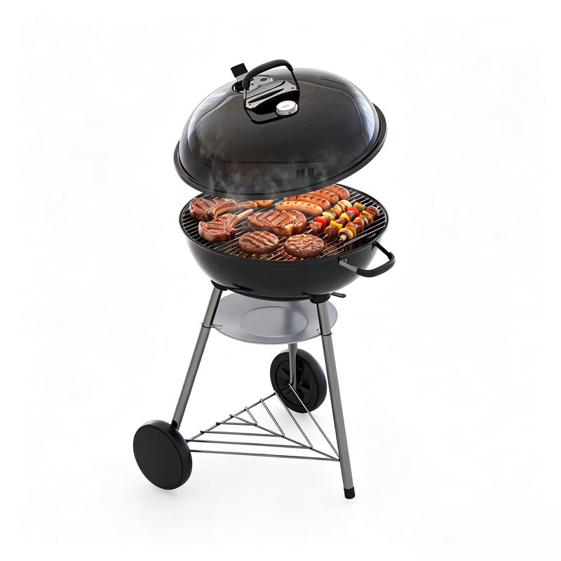 AOXUN Houtskoolgrill, 57 cm ketelbarbecue met thermometer en instelbare luchttoevoer, krasbestendig, geëmailleerde grilloppan, asopvanger, wielen en plank, voor tuin en buiten, zwart