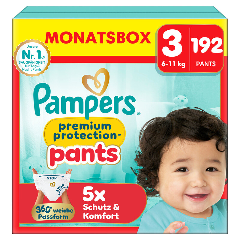 Pampers Premium Protection Pants Größe 3, 192 Windeln, 6Kg-11Kg, Mit 360° Passform Und Weichen Anti-Auslaufbündchen Für Unseren Besten Komfort Und Schutz