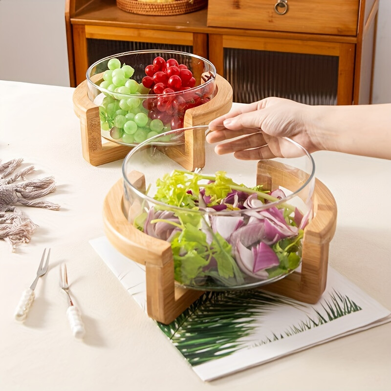 YumiPLUS glazen fruitplateau met houten basis, 1 set