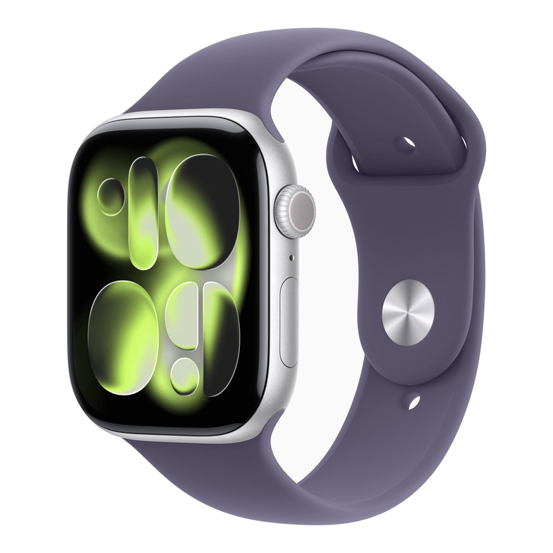 Apple Watch Series 11 GPS + mobiel 46 mm zilverkleurige aluminium behuizing met paarse mist sportband - S/M