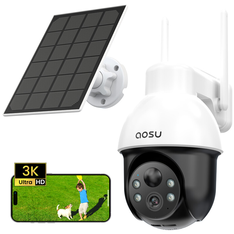 AOSU 3K Buiten Solar Beveiligingscamera, 5 MP 360° Panoramische PTZ Draadloze Beveiligingscamera voor Buitengebruik voor Thuisbeveiliging, Automatische Tracking, Licht- en Geluidsalarm, 2-Weg Audio
