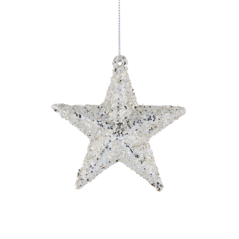 Festive Christmas Hanging Silver Glitter Glass Star Ornament for Your Holiday Tree and Seasonal Decorations, 8cm