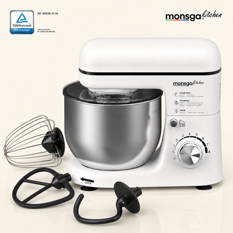 Monsga SM100 Stand Mixer, 1000 W, Cream White, 6.0 L Stainless Steel Mixing Bowl, Quiet, with Whisk, Super Non-Stick Teflon Dough Hook (260°C Heat Resistant), Beater & Splash Guard, 8 Speed Settings
