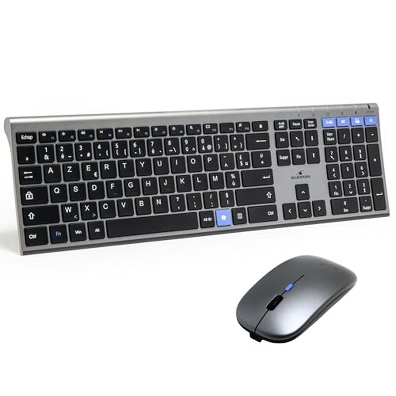 Bluestork Combo Clavier et Souris de Bureau Sans Fil - 2,4 G + Bluetooth, Touches Bleues, Disposition AZERTY, Noir, Rechargeable