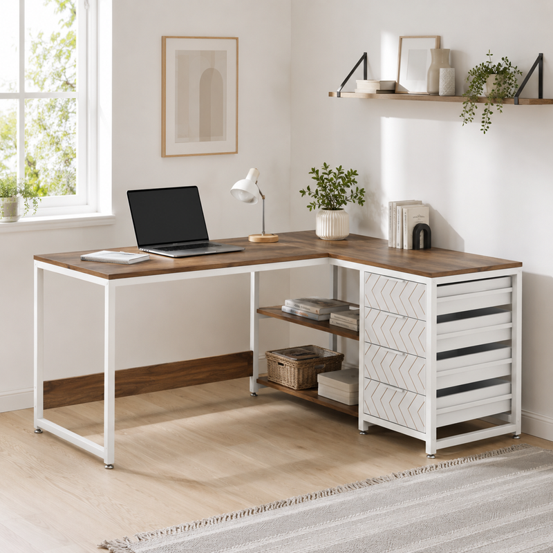 150cm L-förmiger Schreibtisch, reversibler Eckschreibtisch mit Schubladen & Regalen, Walnuss