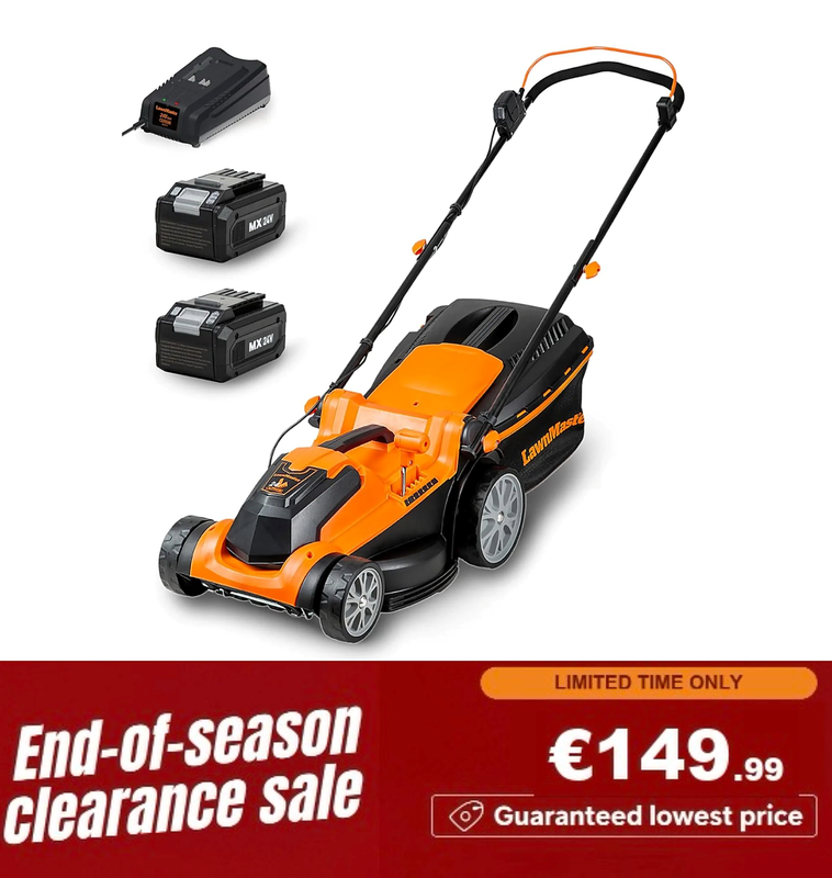 LawnMaster 24V Akku Rasenmäher kabellos, 37cm Schnittbreite, 2x 4000mAh, Mulchfunktion, 6-fach höhenverstellbar für bis zu 300m²