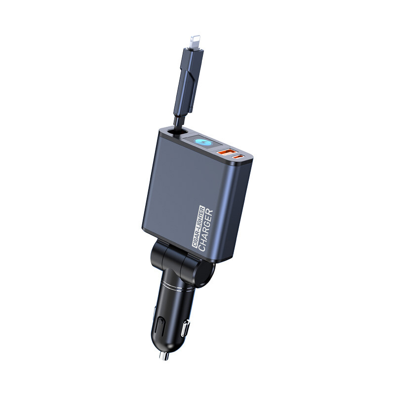 ATSHARK K006S 160W Auto Oplader Snelladen, Ultra Mini Uitschuifbare USB-C Auto Lader met 2.95 ft Kabel, PD3.0/QC5.0 Sigarettenaansteker Adapter met Dubbele USB-C + USB-B Poorten voor iPhone, Samsung, MacBook, MateBook, Laptop
