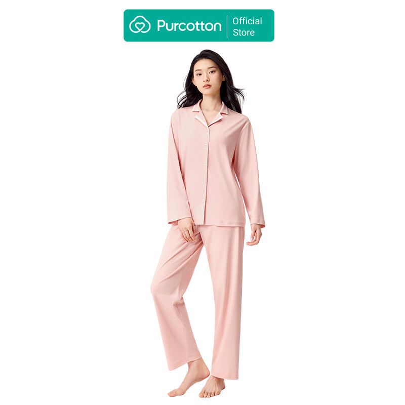 Women's Lustrous Cotton Brushed Loungewear Set, Peach Pink, Top: UK 14 (L); Bottom: UK 14 (L)