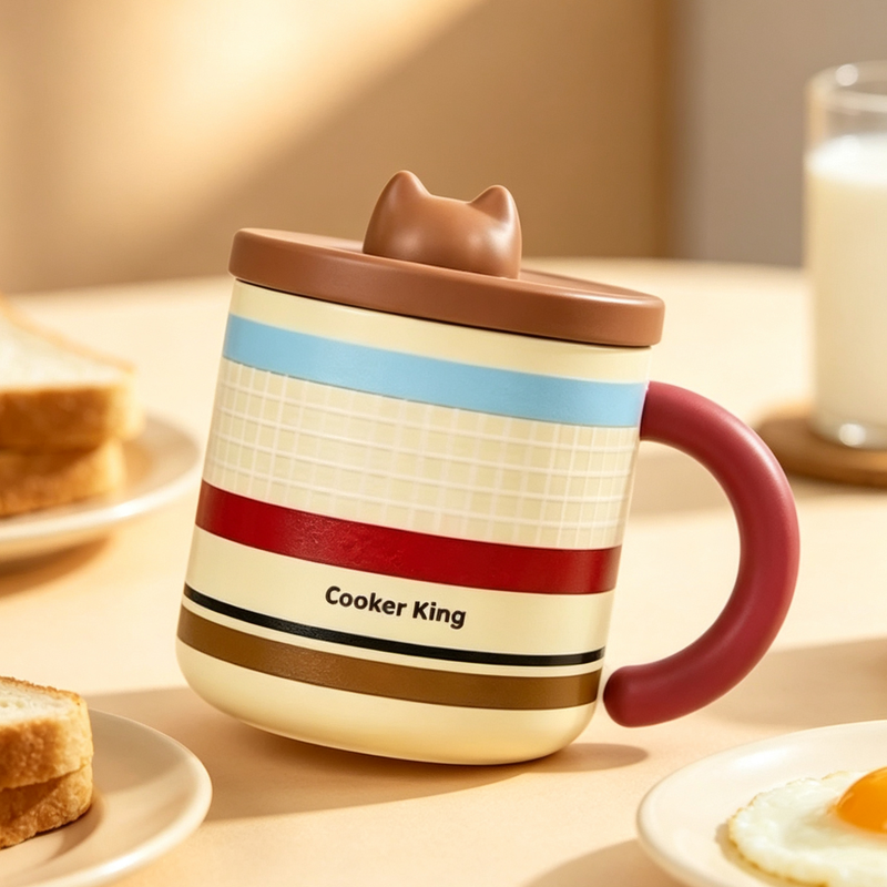 COOKER KING Meow-Begegnung Schreibtisch-Trinkbecher 450 ml – Vintagebraun Plaid