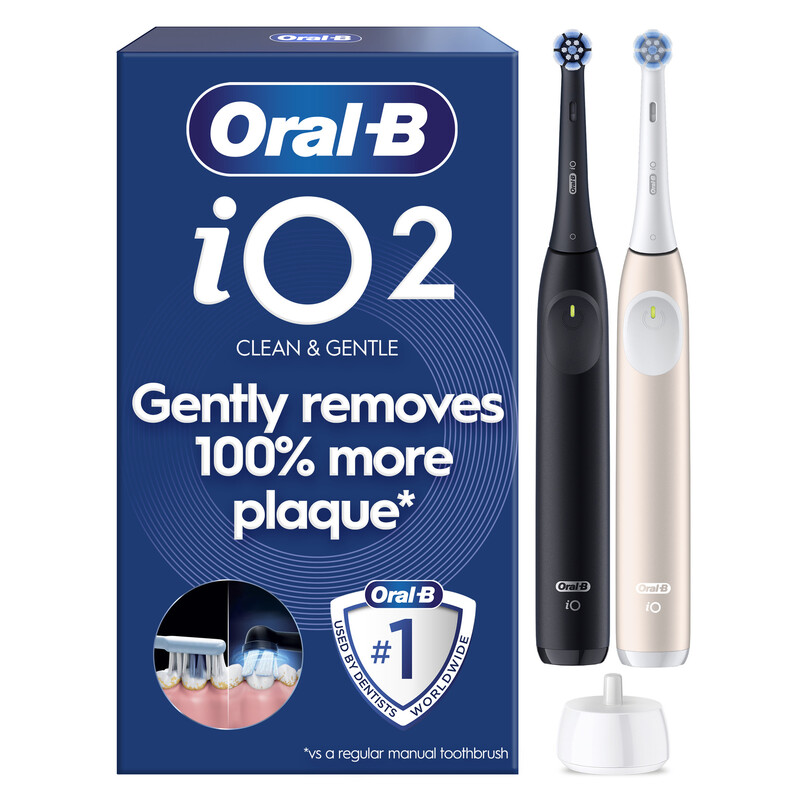 Oral-B Black/Pink Io2 Electric Toothbrushes Duo Pack, 3 Modes, 100% Cleaner Teeth, Automatic Pressure Sensor, Quite Sound, Long-Lasting Battery, &