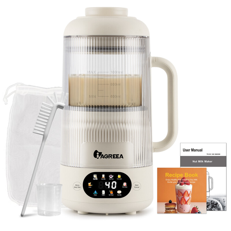 Iagreea 1000Ml Silent Nut Milk Maker With Soundproof Cover, 10 In 1 Multifunctional Soy Milk Maker, Auto Clean & Sterilize Dry, 12 Hours Delay Timer, High Borosilicate Glass Blender, All-Copper Motor, Makes Oat Milk, Juice, Yogurt, Rice Paste, Smoothie, Boiling Water For Home Use D86kw8