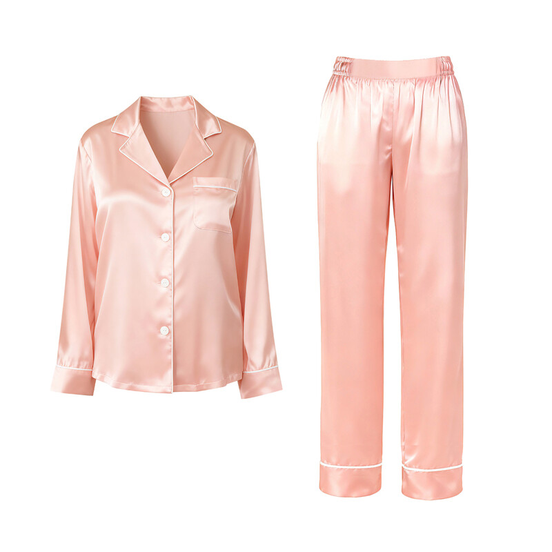 lapel silk-like pink long sleeved top and pants set L
