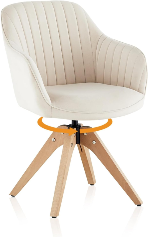 CLIPOP 1 PCS Swivel Dining Chair, Velvet Upholstered Accent Chair with Solid Wooden Legs,Desk Chair No Wheels, Mid Century Modern Vanity Armchair for Home Office Living Room Bedroom,0531 cream
