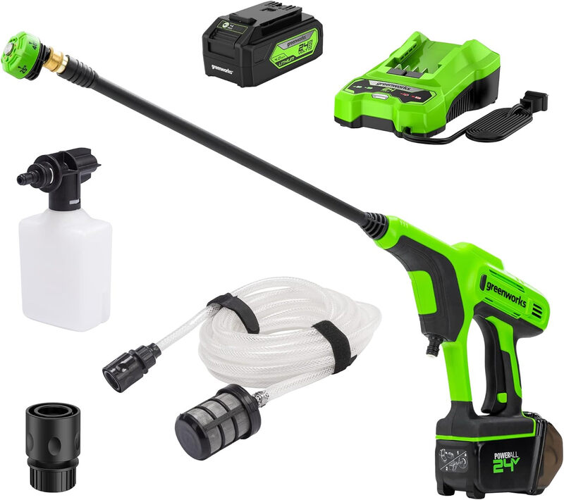 Greenworks 24 V draadloze handdrukreiniger (Li-ion 300 watt motorvermogen, 24 bar druk, 180 l/h debiet, 5-weg mondstuk, 6 m slang zonder accu en oplader), groen, grijs, zwart G24PWK4