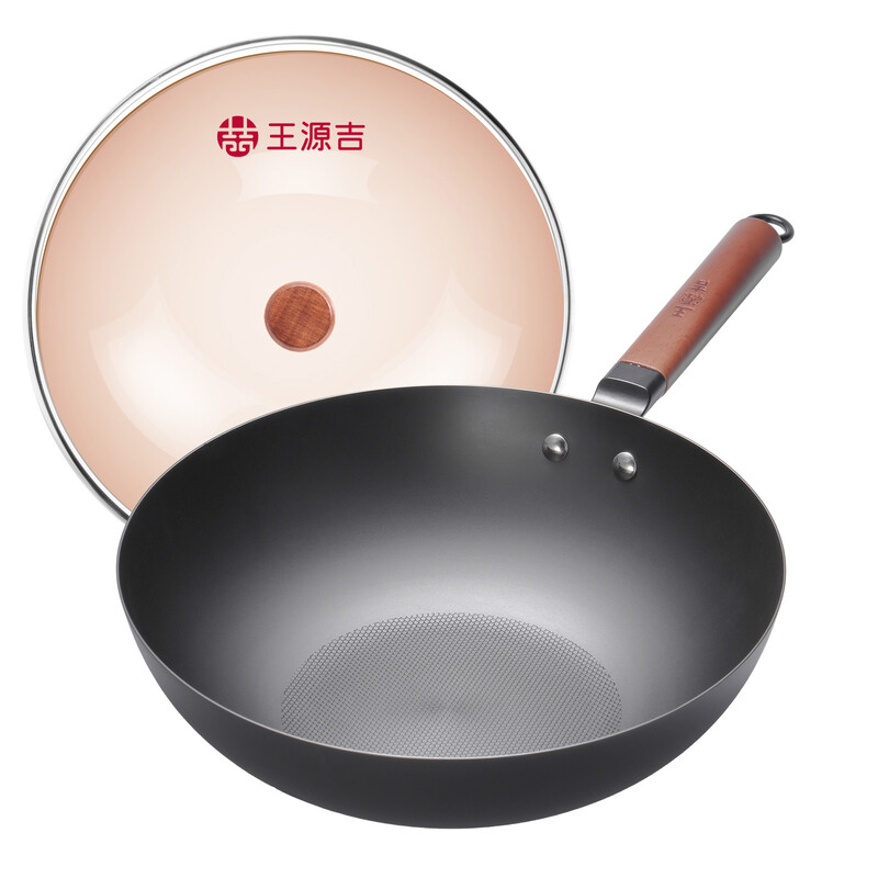 wangyuanji 12.6" Lightweight Carbon Steel Wok, Chinese Iron Wok With Glass Lid - Honeycomb Textured Flat Bottom For Physical Non-Stick Suitable For All Stoves
