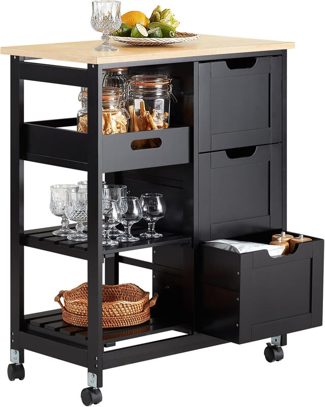 SoBuy Küchenwagen mit Rollen, 1 Tablett, Rollwagen für Küche, Wohnzimmer, Esszimmer – Ideal für kompakte Küchen, mit Arbeitsplatte, Schwarz, 68x85x38 cm, FKW79-SCH
