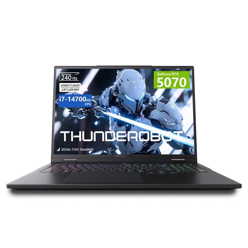 Thunderobot 16" Gaming Laptop i7-14700HX RTX 5070 32GB 1TB 240Hz 16-Inch 2560x1600 IPS display, 100% DCI-P3 for creators, 200W cooling handles AAA games, UK RGB keyboard, Wi-Fi 6