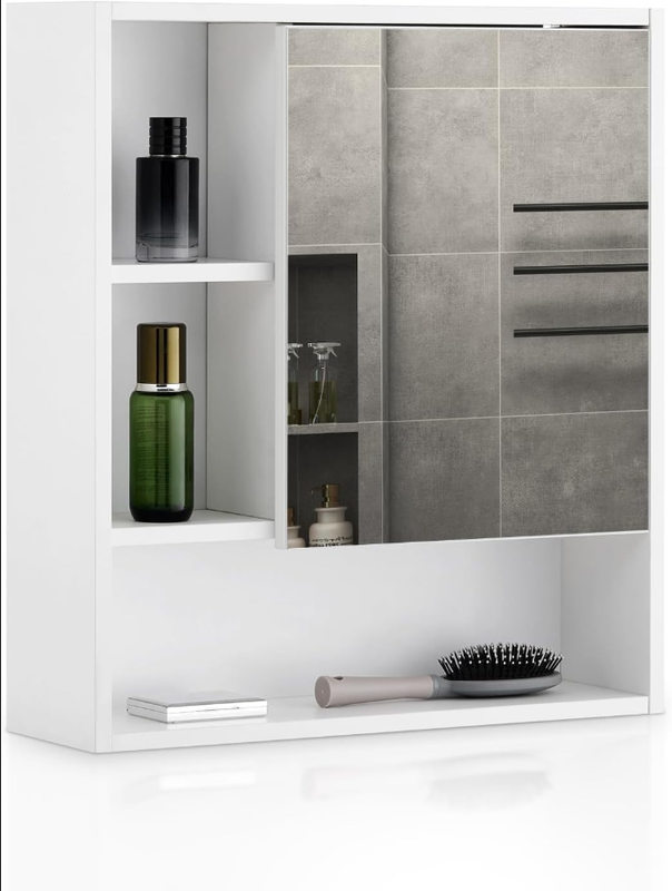 CLIPOP Bathroom Mirror Cabinet, Wall Mounted Storage Cabinet with Open Shelf 55x60cm for Bathroom