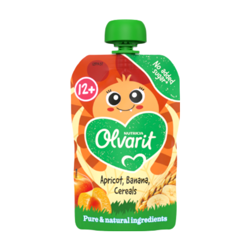 Olvarit knijpfruit abrikoos en banaan met graanstukjes 100 g