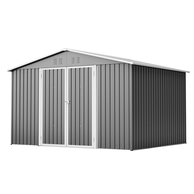 8×10 ft Große Metall-Werkzeughütte 300×250×191 cm, Giebeldach-Gartenlagerhaus mit Bodenrahmen, Belüftung & abschließbare Tür, Wetterfest für den Außenbereich, Grau-Kiste