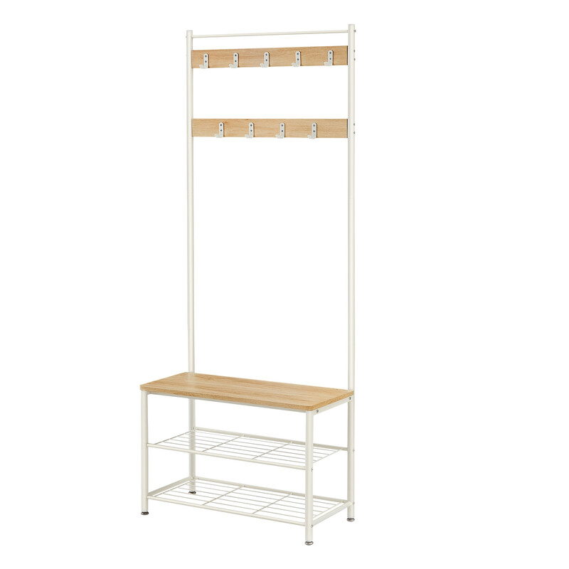 JOYFURNOS Garderobenst?nder, mit Schuhbank, 3-in-1 Design, Stahl, für Eingangsbereich, 32 x 70 x 177 cm, eichenfarben-cremefarben