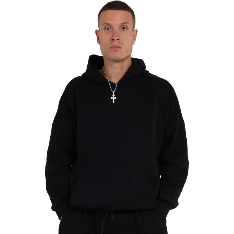 Oversized Fleece Pullover Hoodie, Black, L Size