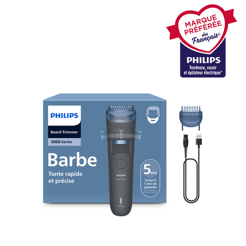 Philips Tondeuse à barbe série 3000 – Lames angles arrondis 20 hauteurs de coupe réglables Sabot Lift & Trim 100% étanche Indicateur d’autonomie Pochette souple Recharge USB Modèle BT361915