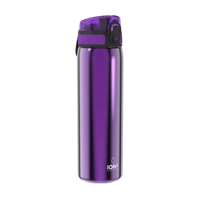 ION8 lichtgewicht stalen waterfles, 600 ml/20 oz, niet geïsoleerd, lekvrij, eenvoudig te openen, veilige vergrendeling, vaatwasserbestendig, flip-dop, past in bekerhouders, draaggreep, metalen waterfles, metallic paars