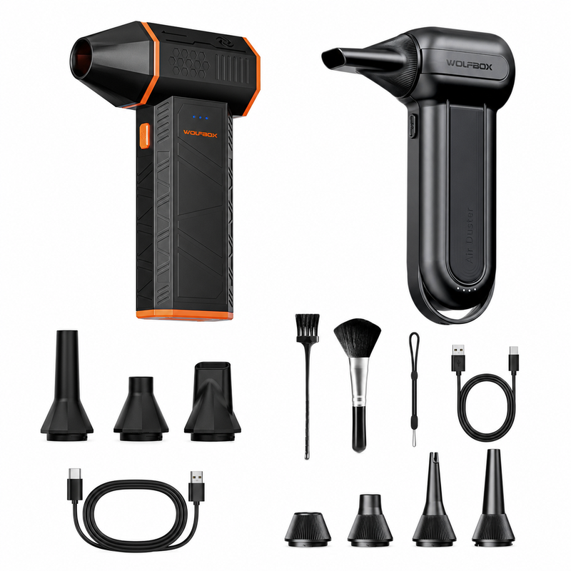 [Der Zweite Nur 1 €] MF50 + DF100 (MF100-Schwarz) WOLFBOX Elektrischer Luftgebläse-Bundle, 110.000 U/min Mini Auto-Luftgebläse + 150.000 U/min Bürstenloser Kabelloser Staubgebläse für Computer, Zuhause, Garage & Outdoor, 3 Einstellbare Geschwindigkeiten
