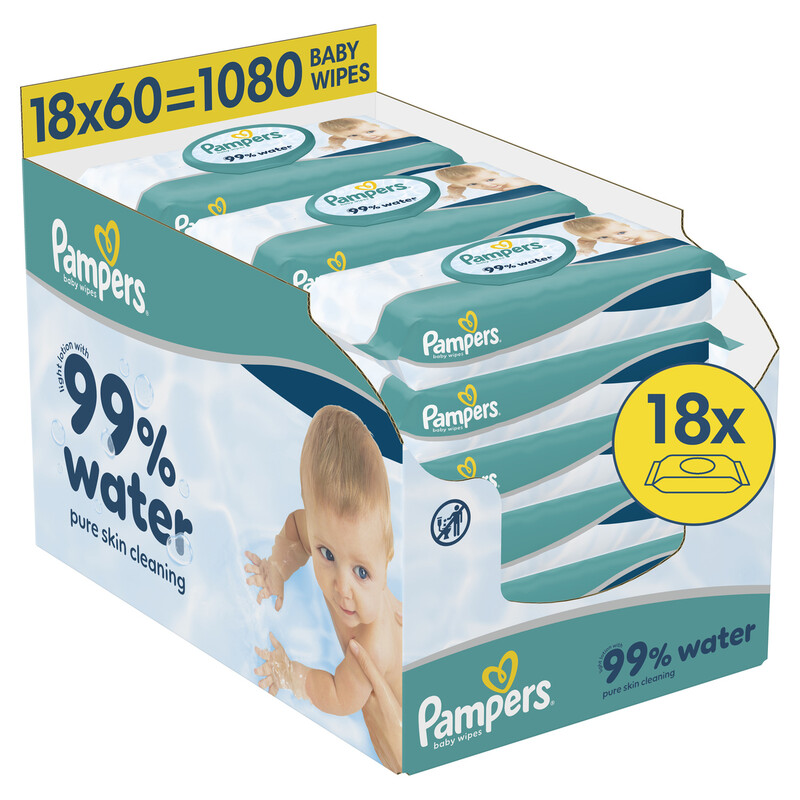 Pampers Baby-Feuchttücher mit 99 % Wasser und leichter Lotion, 18er Pack mit je 60 Tüchern - extrem sanft und feuchtigkeitsspendend