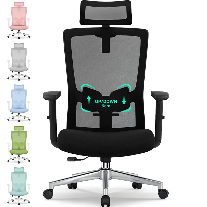 GTIMEX Bureaustoel Ergonomisch, ergonomische bureaustoel met verstelbare lendensteun, armleuningen en hoofdsteun, draaistoel bureaustoel 150 kg, bureaustoel directiestoel kantelfunctie tot 135°