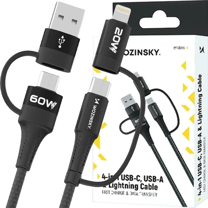 Wozinsky WNBAA Schwarz 4-in-1 Kabel (2x USB-C, 1x USB-A, 1x Lightning) 60W 1m
