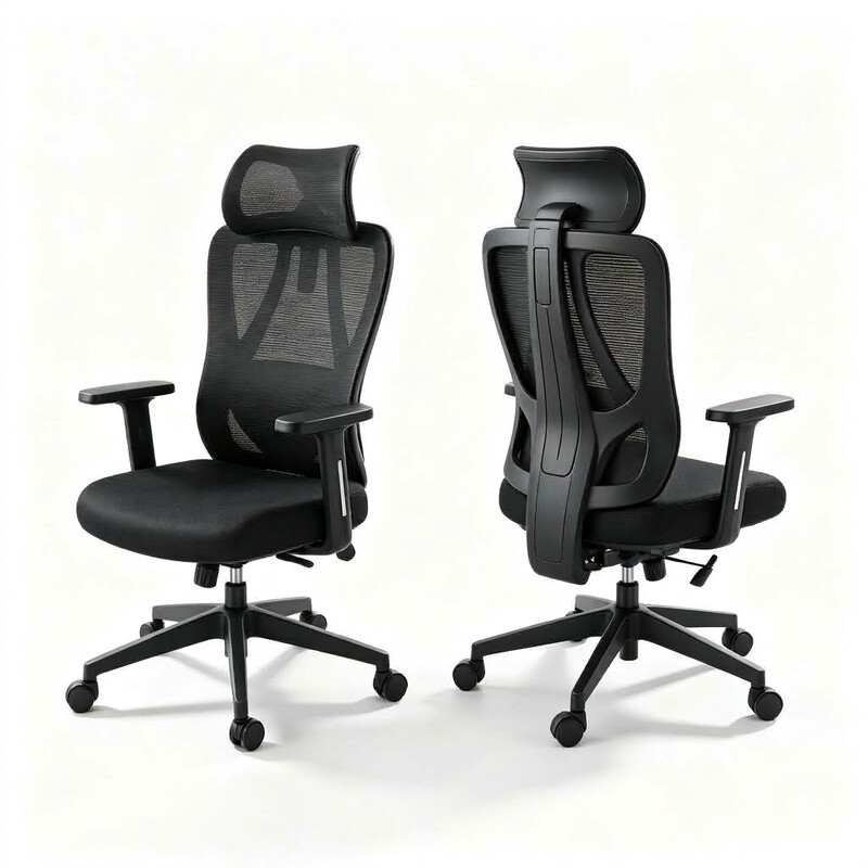 JoySelect Z5 zachte ergonomische bureaustoel, mesh bureaustoel met hoge rugleuning met 4D verstelbare lendensteun, 2D brede hoofdsteun, 10,5 cm dik kussen, 140° kantelbare computerstoel met TUV niveau 4 gasveer, zwart