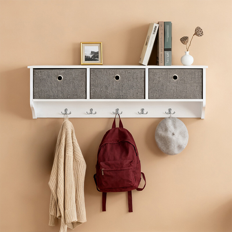 SoBuy Wandgarderobe Flurgarderobe Kleiderhaken Wandregal mit 3 Körben und 5 Haken, Garderobenleiste, Hängeregal für Flur, Schlafzimmer, Badezimmer, Weiß BHT ca. 100x31x20cm
