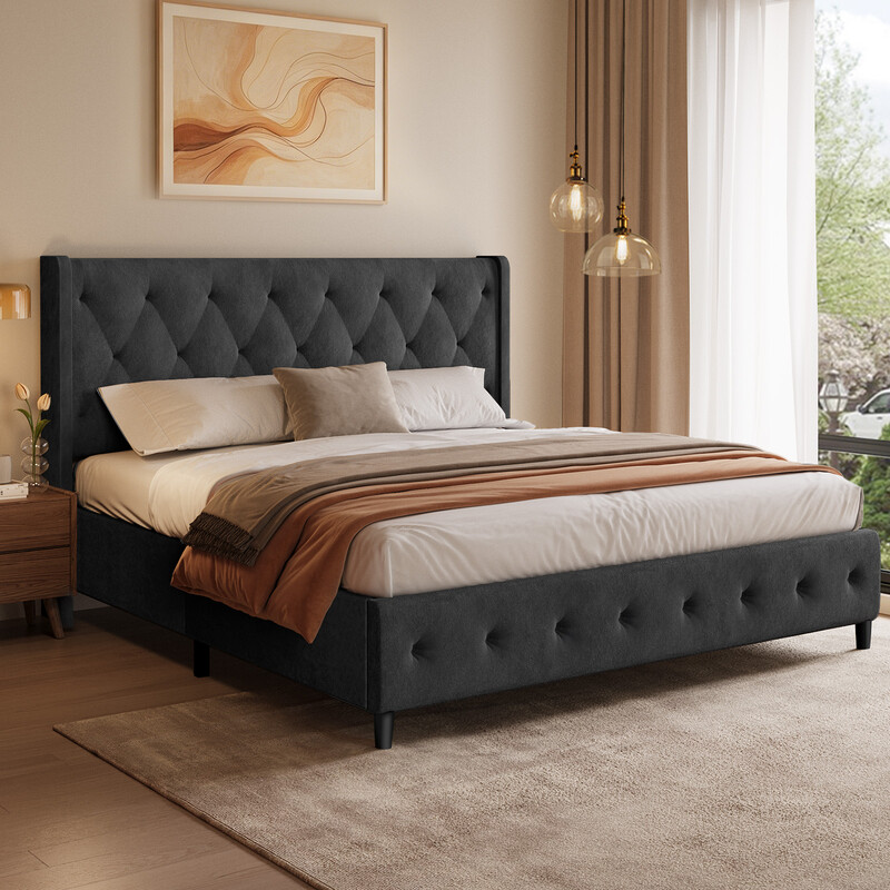 GTIMEX Polsterbett 209 × 146 × 98 cm mit Lattenrost, statische Belastbarkeit: 390 kg, Doppelbett mit gepolstertem Kopfteil, Massiver Holz-Lattenrost, Einfache Montage, Modernes Design, Robuster Rahmen und hochwertige Samtbezug, Grau