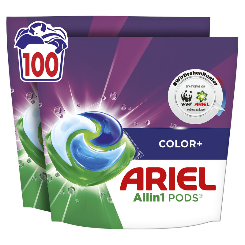 Ariel Flüssigwaschmittelkapseln: Allin1 PODS® Color+ mit 100 Wäschen und Fleck-Weg-Power ab der 1. Wäsche, auch in kaltem Wasser.