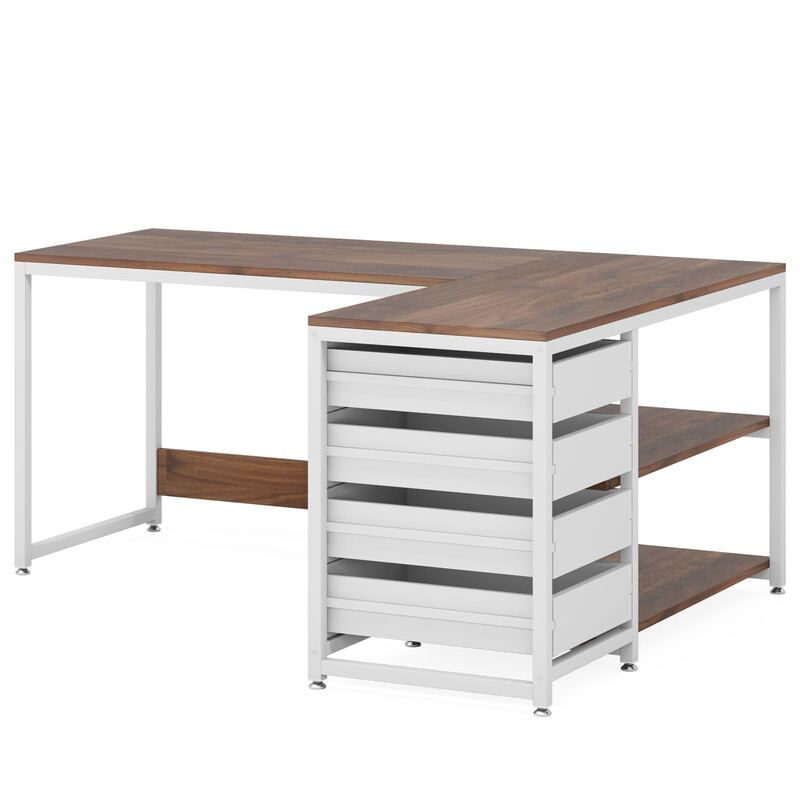 LANTINE bureau met 4 lades, L-vormig computerbureau met 2 planken, omkeerbaar hoekbureau voor kantoor, studeerkamer, woonkamer, 150 x 110 x 75 cm (walnoot en wit)