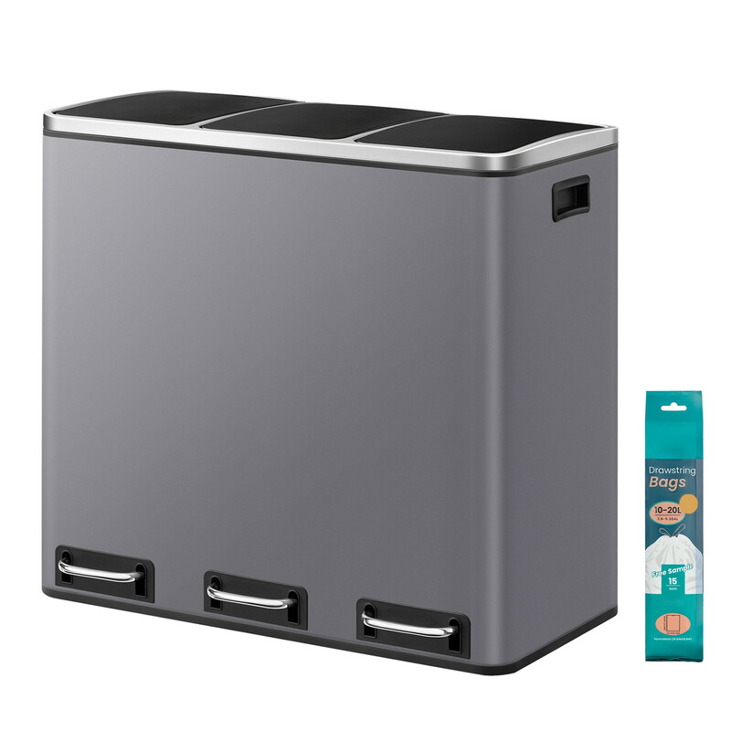 JOYFURNOS Prullenbak met 3 Compartimenten, 3 x 18 L Pedaalemmer met Soft-Close Dekels, Staal, voor Keuken, Grijs