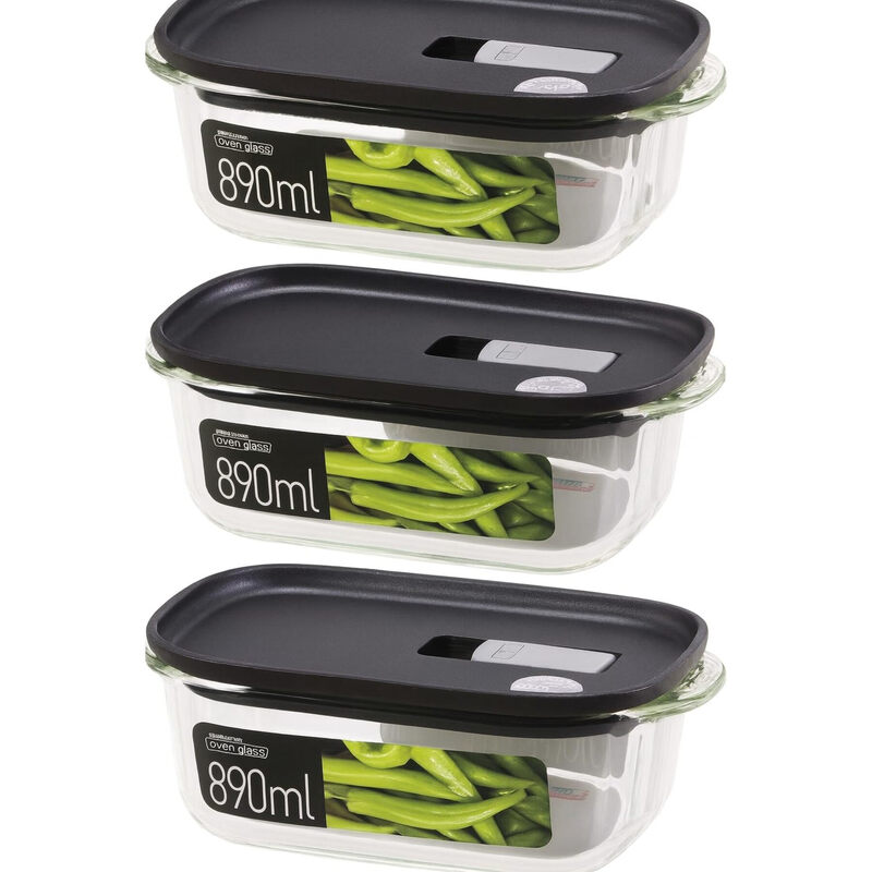 LocknLock 3-teiliges Glas-Frischhaltedosen-Set, 21 x 13 x 7,6 cm, je 890 ml quadratische Glas-Mahlzeit-Boxen mit Dampfablassventil, luftdichte BPA-freie schwarze Deckel, backofen- mikrowellen- gefrier- spülmaschinenfest